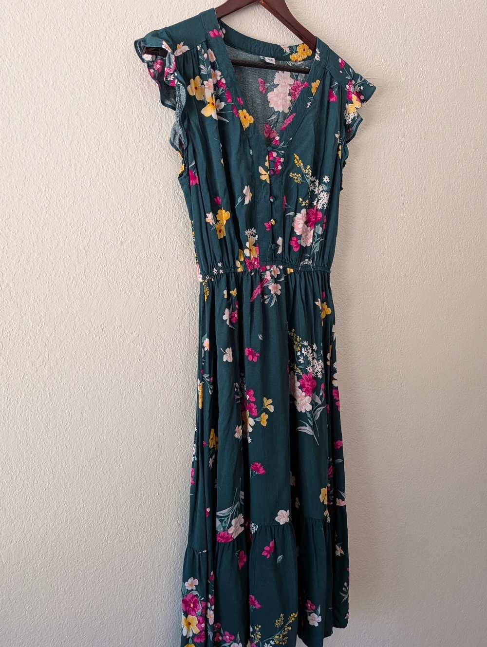 Old Navy Green Pink Floral Ruffle Sleeve Midi Dress Size Small - Picture 3 of 13